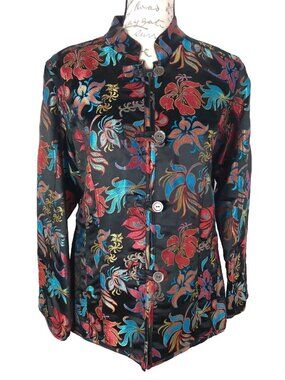 Chico's sz 1 Small Asian Oriental Floral style button front Rayon Silk jacket